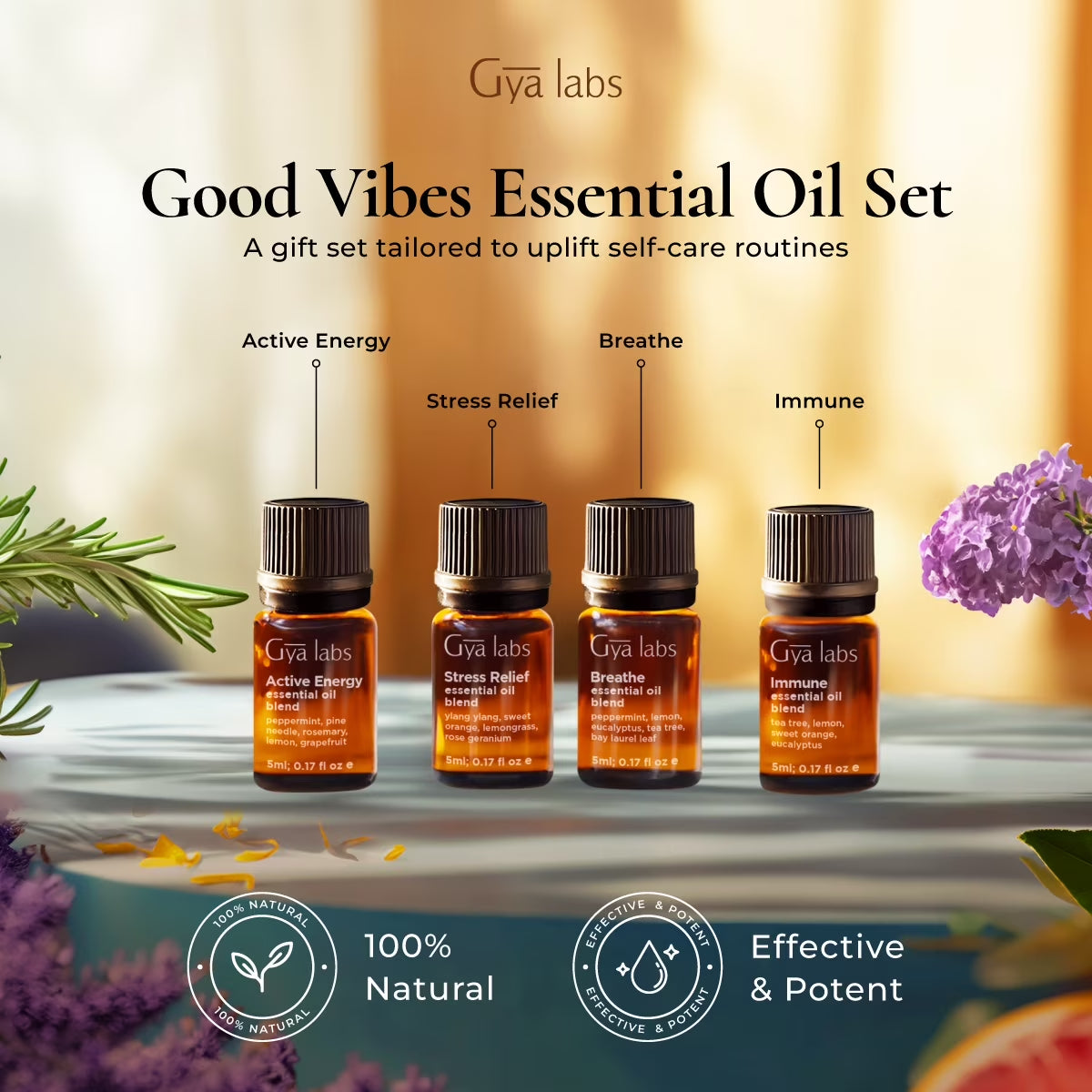 Good Vibes Essential Oil Set, Essential Oils for Diffusers, Self-Care, Skin, Candle Making & Gift Set - Peppermint, Rosemary, Rose Geranium, Lemongrass, Roman Chamomile - 8 X 0.17 Fl Oz