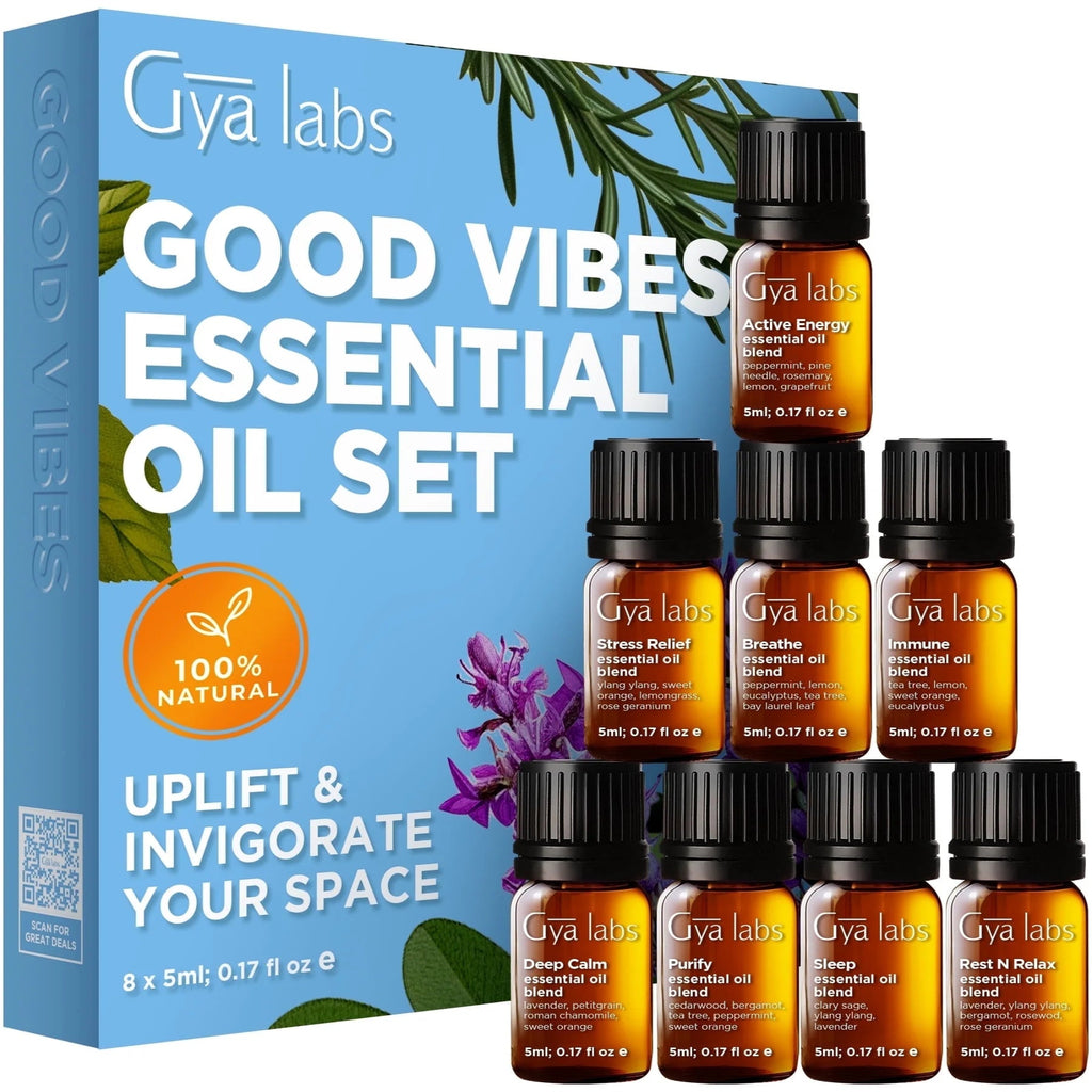 Good Vibes Essential Oil Set, Essential Oils for Diffusers, Self-Care, Skin, Candle Making & Gift Set - Peppermint, Rosemary, Rose Geranium, Lemongrass, Roman Chamomile - 8 X 0.17 Fl Oz
