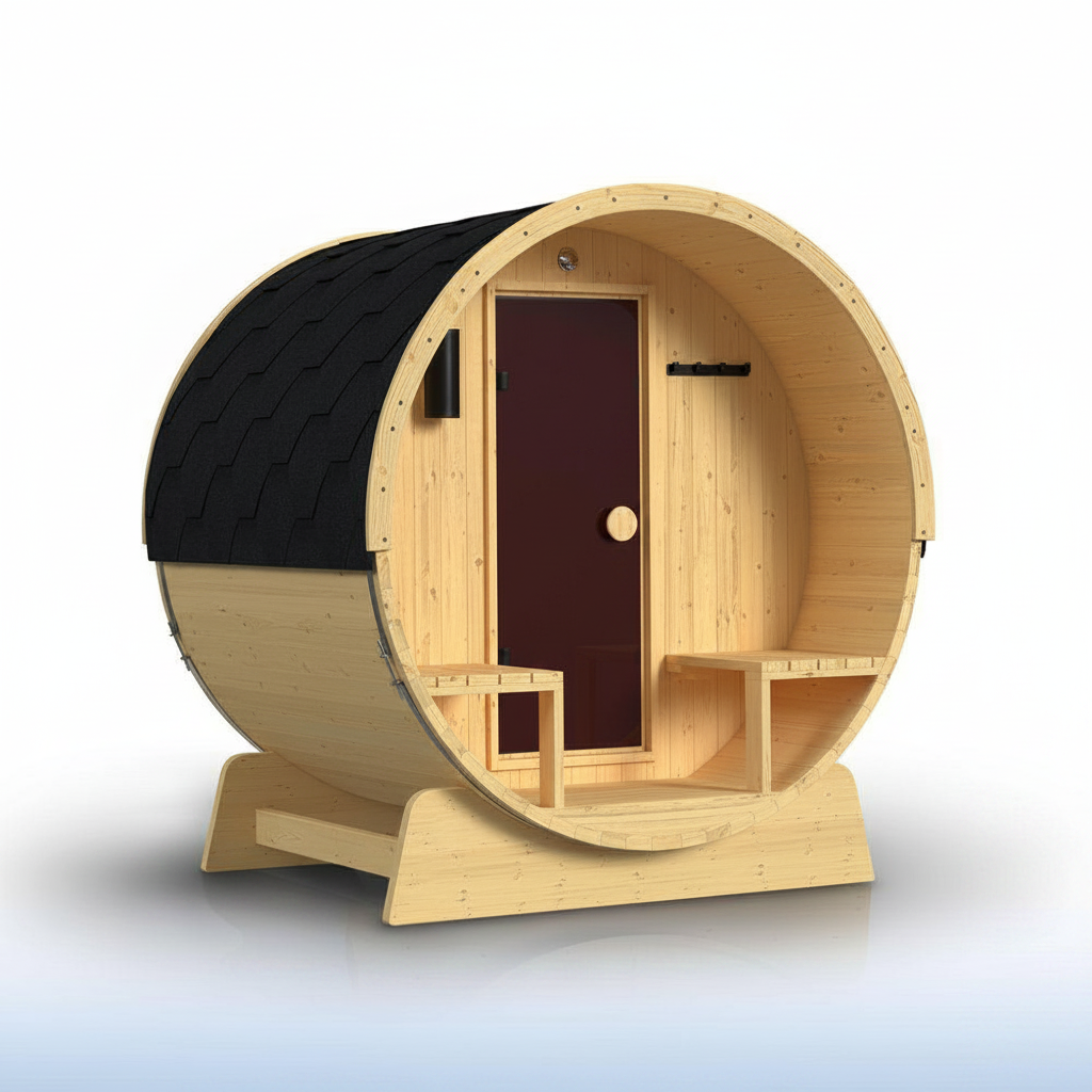 Outdoor Indoor Finland Pine Wet Dry Barrel Sauna 3-5 Person Front Porch Canopy 4.5 Kw ETL Certified Bitumen Shingle Roof