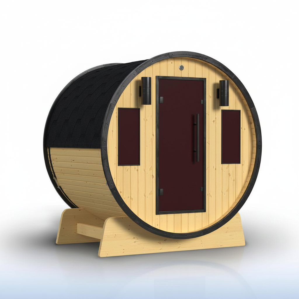 3-Person Capacity Outdoor White Finland Pine Wet/Dry Traditional Barrel Sauna with Black Accents