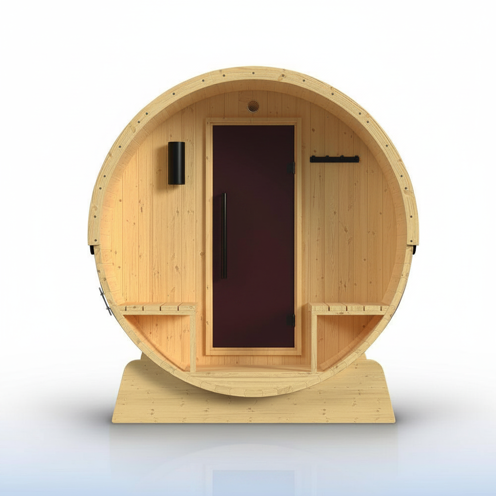 Outdoor Indoor Finland Pine Wet Dry Barrel Sauna 3-5 Person Front Porch Canopy 4.5 Kw ETL Certified Bitumen Shingle Roof