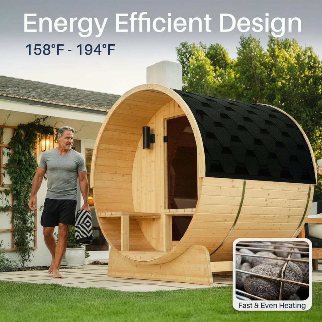 Outdoor Indoor Finland Pine Wet Dry Barrel Sauna 3-5 Person Front Porch Canopy 4.5 Kw ETL Certified Bitumen Shingle Roof